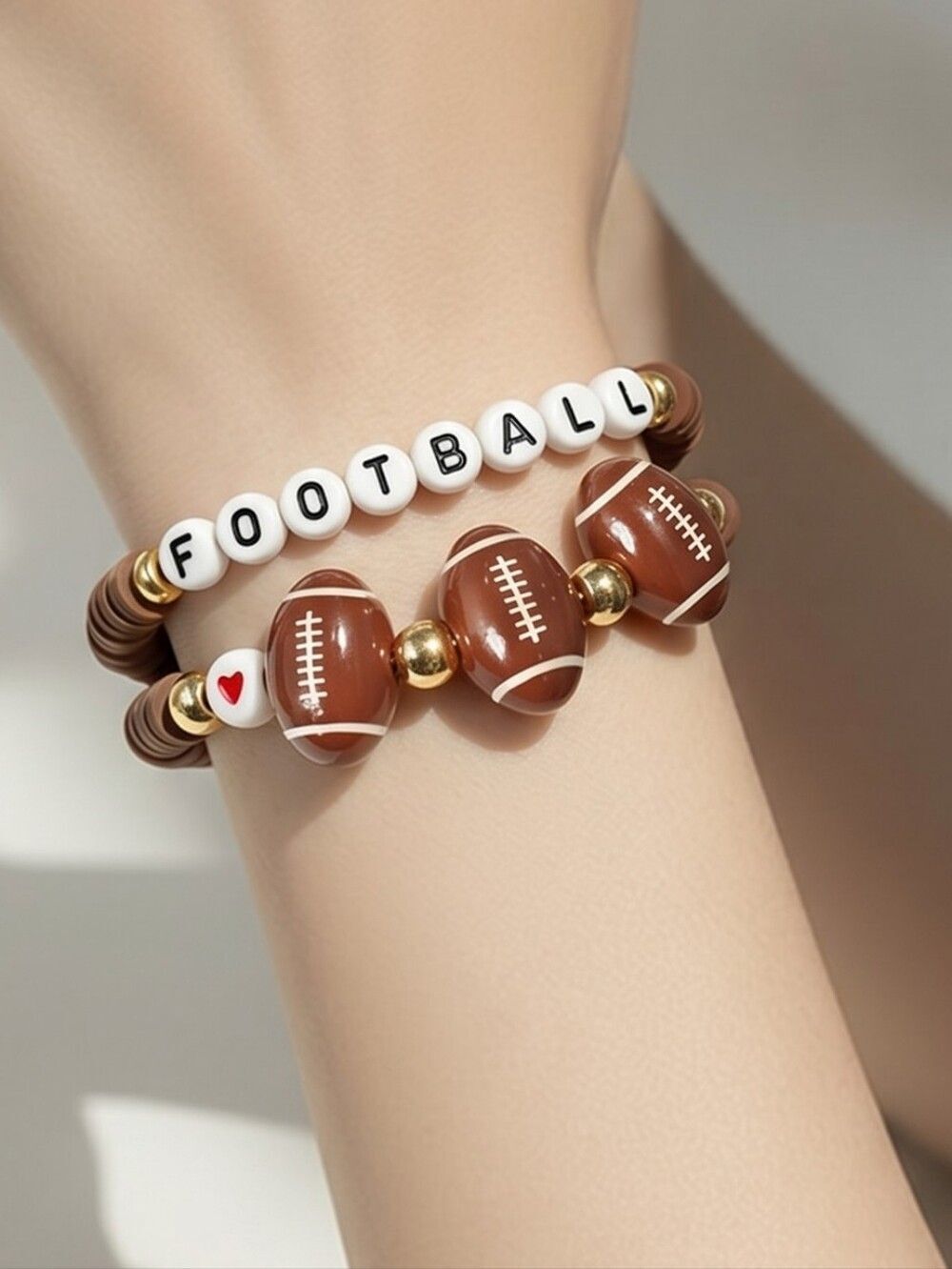 Football Heishi Bracelet Stack Set of 2 Brown White Team Spirit Game Day Glam